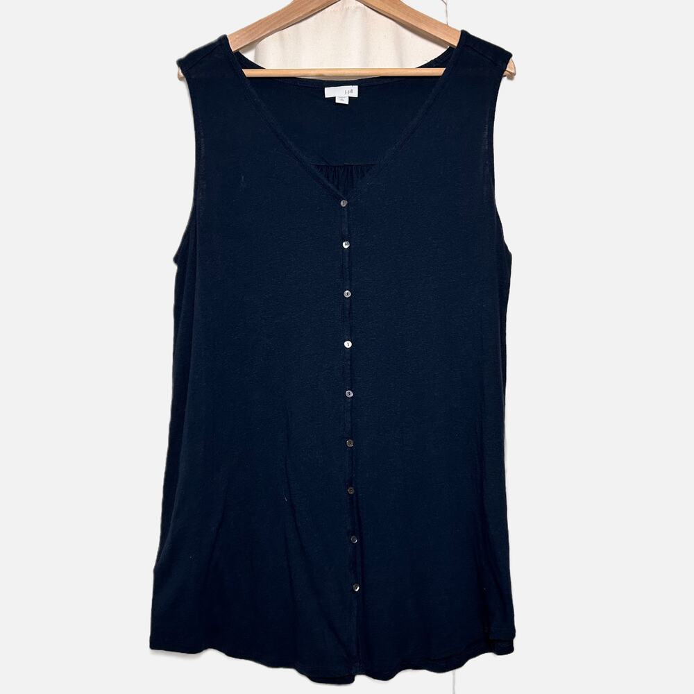 J. Jill V-Neck Tank Front Buttons Linen Blend Navy Blue Womens Large Tall